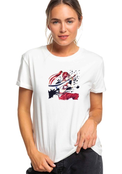 Anime Fairy Tail Glass Guild Emblem Baskılı Beyaz Kadın Tshirt