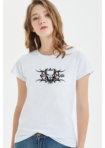 No Fear Pitbull Baskılı Beyaz Kadın Tshirt