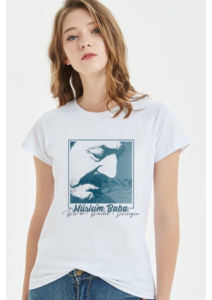 Müslüm Baba Birde Benden Dinleyin Baskılı Beyaz Kadın Tshirt