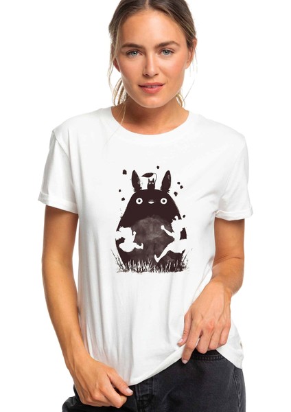 My Neighbor Komşum Totoro Baskılı Beyaz Kadın Tshirt
