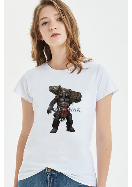 God Of War Silhouette Baskılı Beyaz Kadın Tshirt