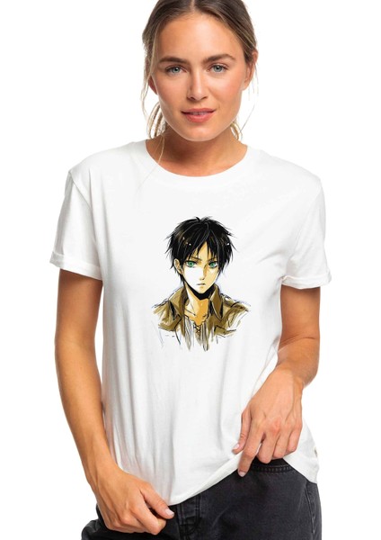 Anime Attack On Titan Baskılı Beyaz Kadın Tshirt