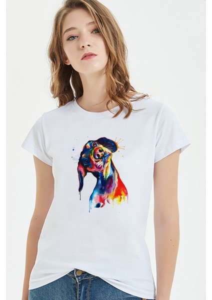 Watercolor Puppy Kadın Beyaz Tshirt