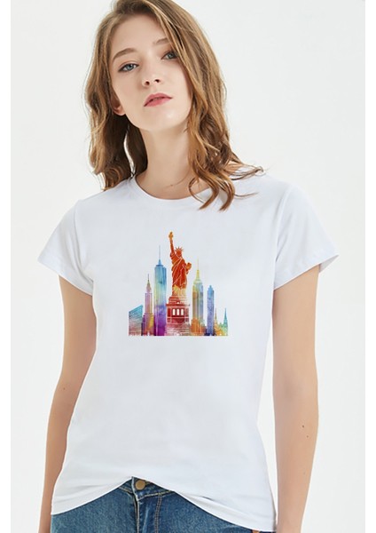 Watercolor Statue Of Liberty Kadın Beyaz Tshirt