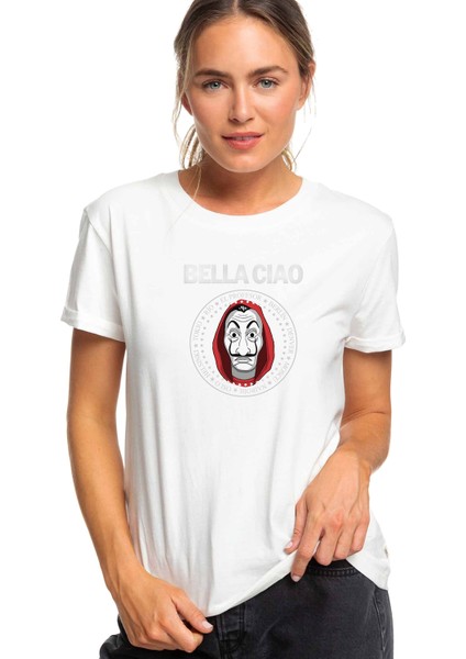 La Case De Papel Bella Ciao Baskılı Beyaz Kadın Tshirt