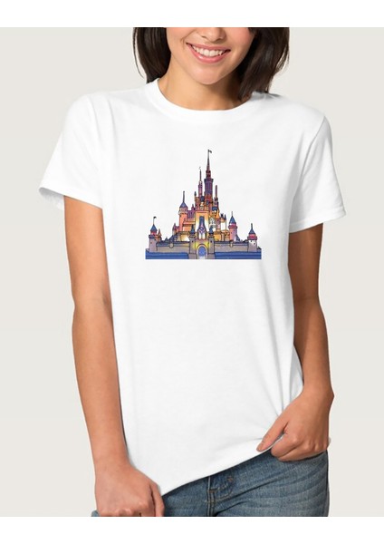 Watercolor Castle Kadın Beyaz Tshirt