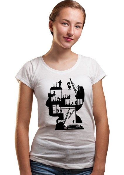 Silhouette Human Brain Engineering Kadın Beyaz Tshirt