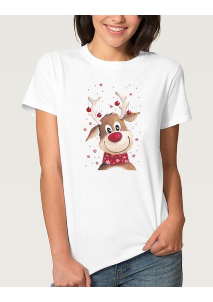 Watercolor Christmas Deer Kadın Beyaz Tshirt