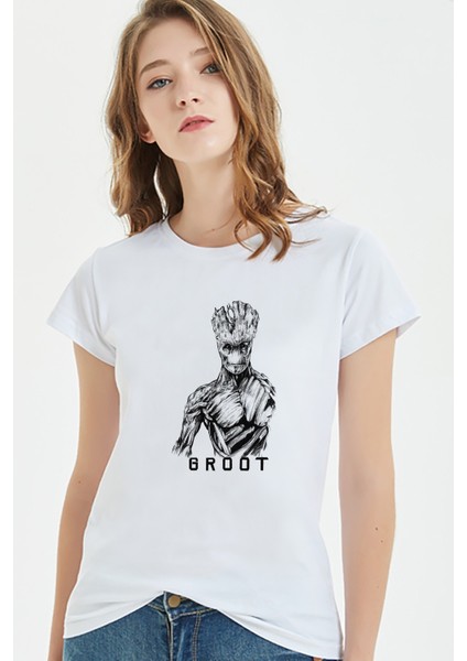Big I Am Groot Baskılı Beyaz Kadın Tshirt