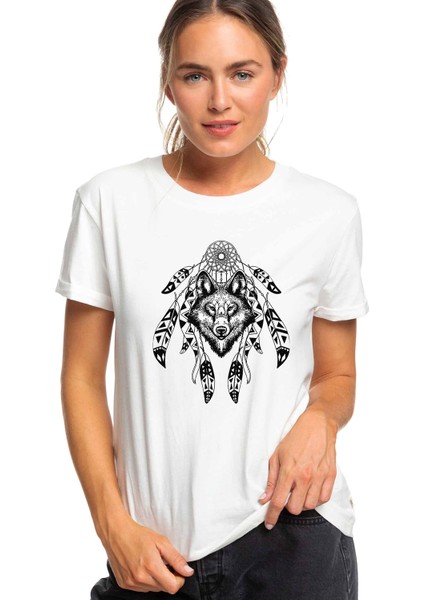 Dreamcatcher Wolf Logo Baskılı Beyaz Kadın Tshirt
