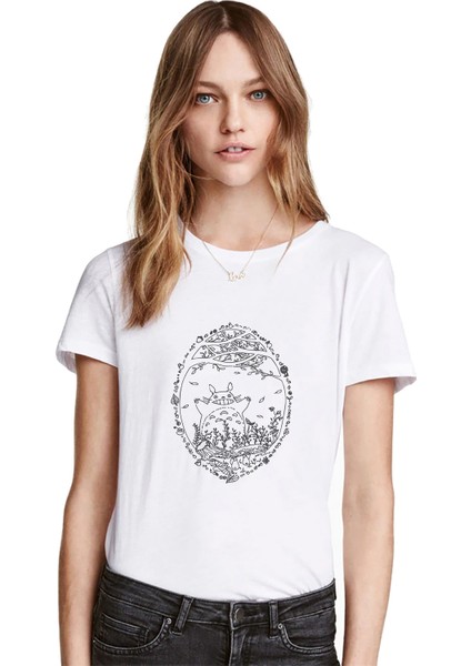 My Neighbor Komşum Totoro Baskılı Beyaz Kadın Tshirt