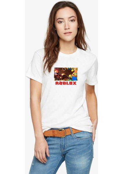 Roblox Baskılı Beyaz Kadın Tshirt