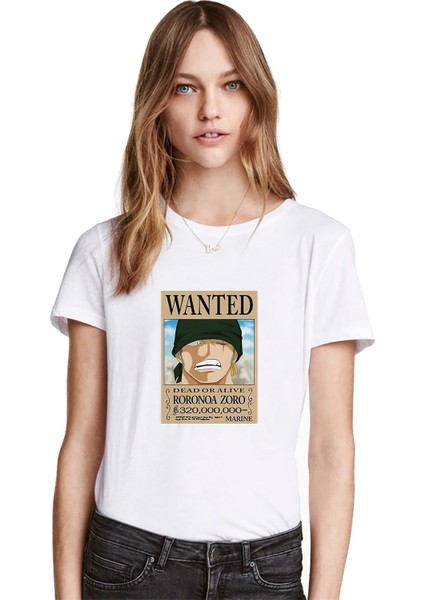 Anime One Peace Wanted Deador Alive Baskılı Beyaz Kadın Tshirt