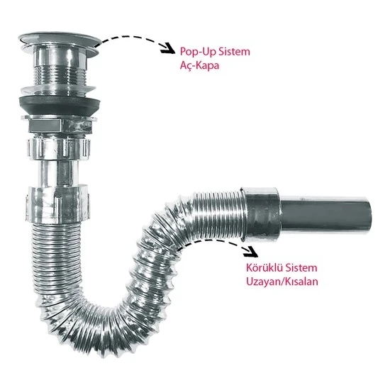 Emin Aksesuar Basmalı Pop-Up Körüklü Lavabo Gider Sifon Plastik Krom