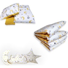 Bebek Özel Pamuklu Park Beşik Bebek Uyku Seti 9 Parça (Sarı Hilal ve Puantiyeli)