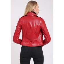 Deri Effect Kadın Kemerli Deri Biker Ceket
