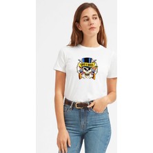 Qivi Guns'n Roses Kuru Kafa Gül Baskılı Beyaz Kadın Tshirt
