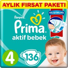 Prima Bebek Bezi Aktif Bebek 4 Beden Aylık Fırsat Paketi 136'LI
