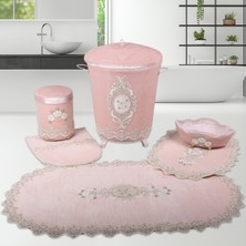 Bonny Home Lisa Pudra 6 Parça Fransız Dantelli Banyo Kirli Çamaşır Sepeti ve Banyo Paspası Seti