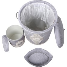 Bonny Home Lisa Gri 6 Parça Fransız Dantelli Banyo Kirli Çamaşır Sepeti ve Banyo Paspası Seti
