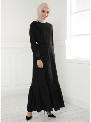 Tavin Fırfır Detaylı Kuşaklı Elbise - Siyah - Tavin