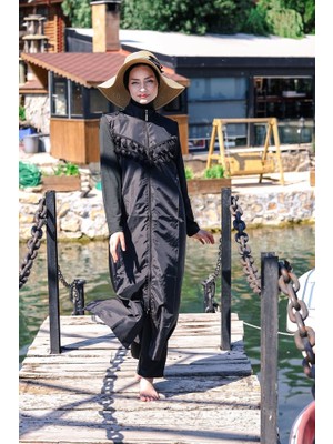 Marina Püsküllü Basic Model Fermuarlı Tam Kapalı Tesettür Mayo 4'lü Set Marina Mayo 1998 Siyah