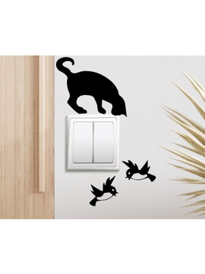 Bk Gift Kuşlar ve Kedi Tasarımlı Duvar Sticker-1
