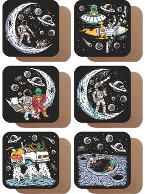 Hayat Poster Uzayda Hayat Var, Eğlenceli Astronot 6lı Ahşap Bardak Altlığı Seti
