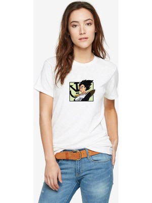 Qivi Anime Dragon Ball Vegeta Baskılı Beyaz Kadın Tshirt