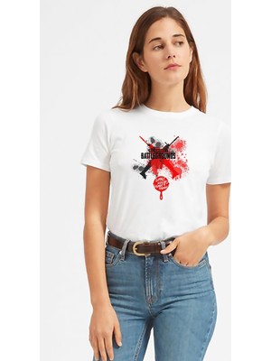 Qivi Pubg Lets Erangel Playerunknowns Baskılı Beyaz Kadın Tshirt
