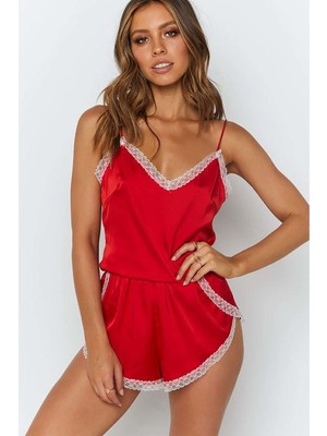 Merry See Dantel Işlemeli Saten Tulum Pijama Takımı Kırmızı