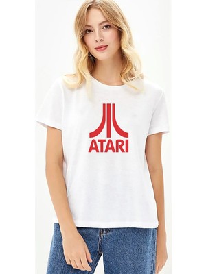 Qivi Atari Logo Baskılı Beyaz Kadın Örme Tshirt
