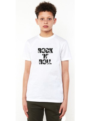 Qivi Rock'n Roll Rock Baskılı  Çocuk Beyaz Tshirt