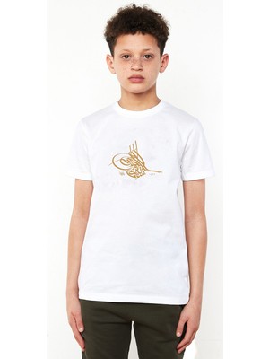 Qivi Osmanlı Tuğrası Baskılı Unisex Çocuk Beyaz Tshirt