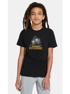 Qivi Pubg Üçgen Baskılı  Çocuk Siyah T-Shirt