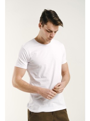 Oksit Slim Fit Erkek Basic TShirt Kısa Kol Günlük Stil Pamuklu Kumaş Beyaz Renk