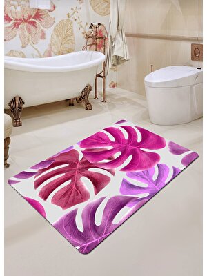 Ardizayn Pembe Yaprak Desenli 70X120 cm Kaymaz Deri Taban Banyo Halısı, Paspası