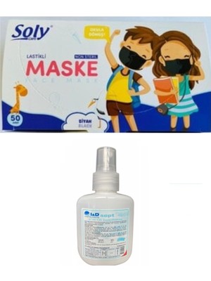 Soly Care 3 Katlı Burun Telli Çocuk Siyah Maske 100 Adet + I&d Sprey Dezenfektan 100 ml