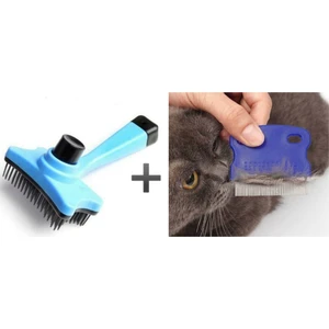 Tuşlu Otomatik Temizlenen Kedi ve Köpek Tüy Toplayıcı Tarak Basmalı Kaşıma + Bit Pire Kene Tarağı
