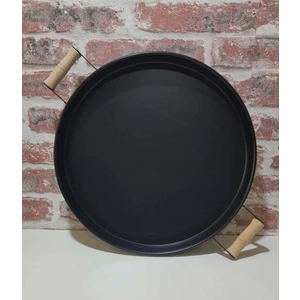 Yıldıray Metal Ahşap Kulplu Kalın Galveniz Metal Yapım Yuvarlak Tepsi 36 cm Siyah
