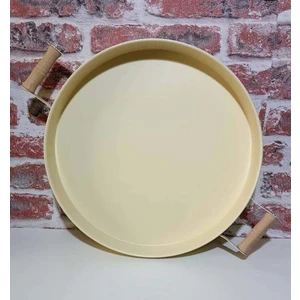 Yıldıray Metal Ahşap Kulplu Kalın Galveniz Metal Yapım Yuvarlak Tepsi 36 cm Krem