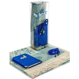 Pvc Kutulu Seccade Seti - Kadife Kaplı Yasin - Seccade - Tesbih - Lacivert Renk