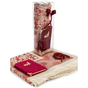 Pvc Kutulu Seccade Seti - Kadife Kaplı Yasin - Seccade - Tesbih - Bordo Renk