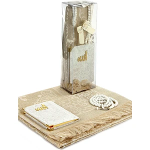 Pvc Kutulu Seccade Seti - Kadife Kaplı Yasin - Seccade - Tesbih - Beyaz Renk