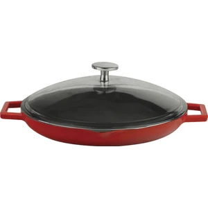 Yuvarlak Grill Tava  Metal Kulplu Cam Kapaklı Kırmızı