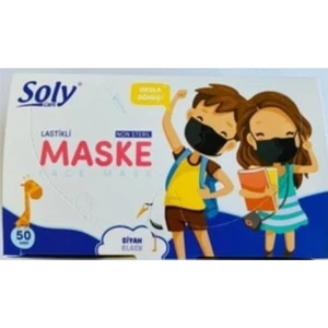 Soly Care 3 Katlı Lastikli Telli Siyah Çocuk Cerrahi Maske 50 Adet