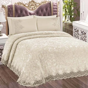 Bonny Home Fransız Dantelli Çift Kişilik Krem Battaniye Takımı Çeyizlik Yatak Örtüsü Seti