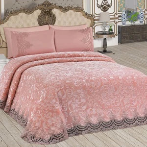 Bonny Home Fransız Dantelli Çift Kişilik Pudra Battaniye Takımı Çeyizlik Yatak Örtüsü Seti