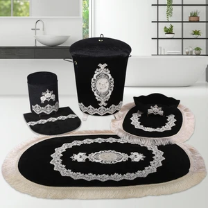 Bonny Home Exclusive Siyah 6 Parça Fransız Dantelli Banyo Kirli Çamaşır Sepeti ve Banyo Paspası Seti