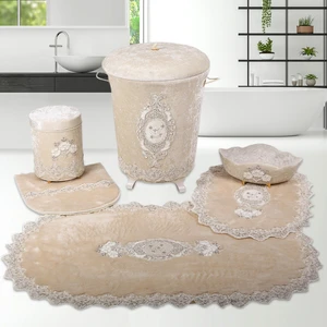 Bonny Home Lisa Vizon 6 Parça Fransız Dantelli Banyo Kirli Çamaşır Sepeti ve Banyo Paspası Seti